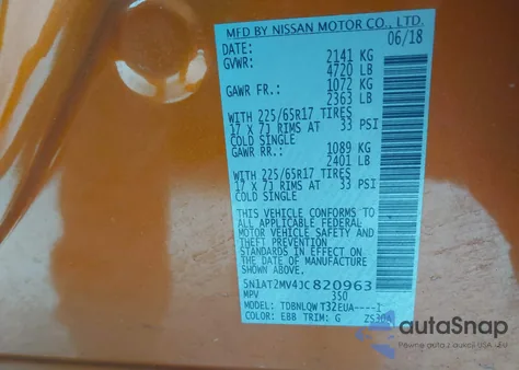 2018 Nissan Rogue Sv z USA, uszkodzony, nr VIN 5N1AT2MV4JC820963